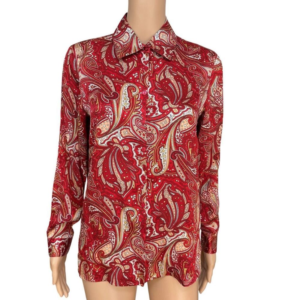 S.L.B. Vintage 100% Silk Red Paisley Button Up Blouse Retro Career size Sp